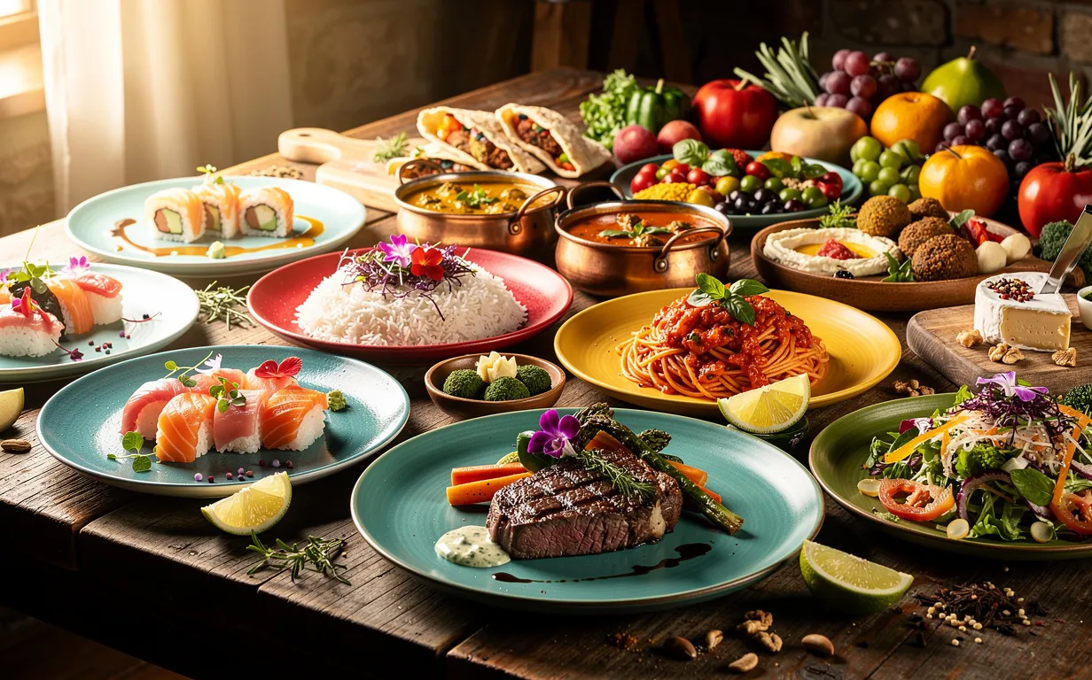 Un assortiment de plats gastronomiques internationaux est présenté sur une grande table en bois, avec des couleurs vives et des ingrédients frais sous une lumière naturelle.