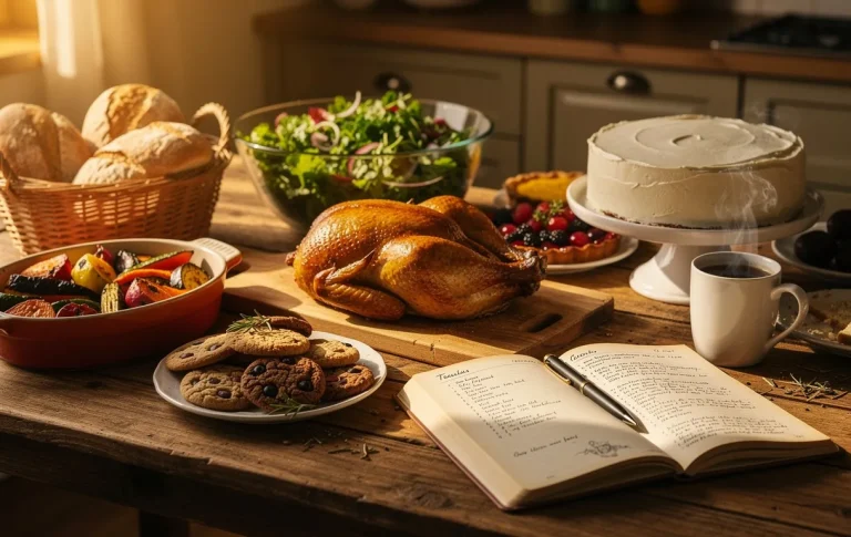 Une table de cuisine en bois est dressée avec divers plats faits maison, des desserts, un carnet de recettes manuscrit ouvert et une tasse fumante, sous une lumière dorée de l’après-midi.