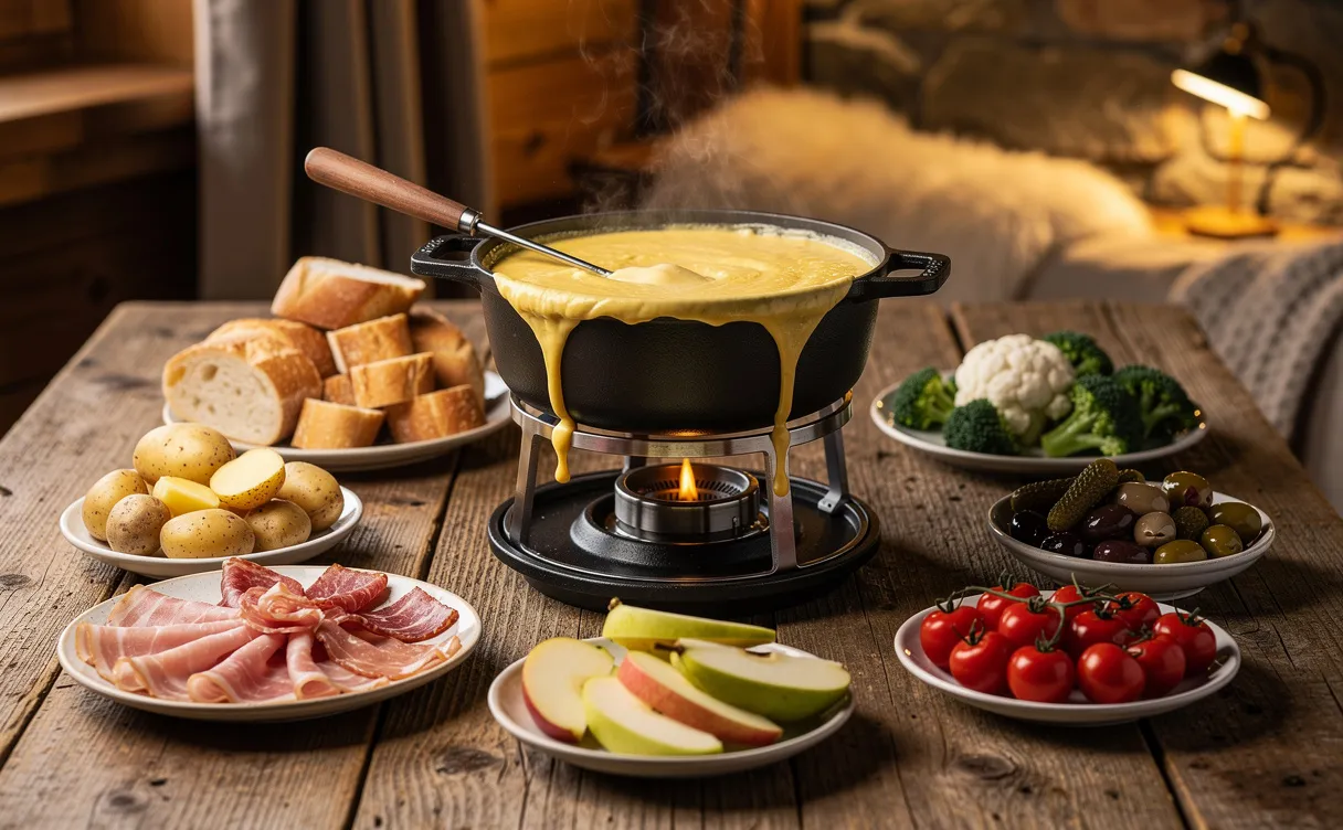 Un caquelon de fondue savoyarde en ébullition entouré de huit mets d’accompagnement sur une table en bois, dans une ambiance alpine chaleureuse.