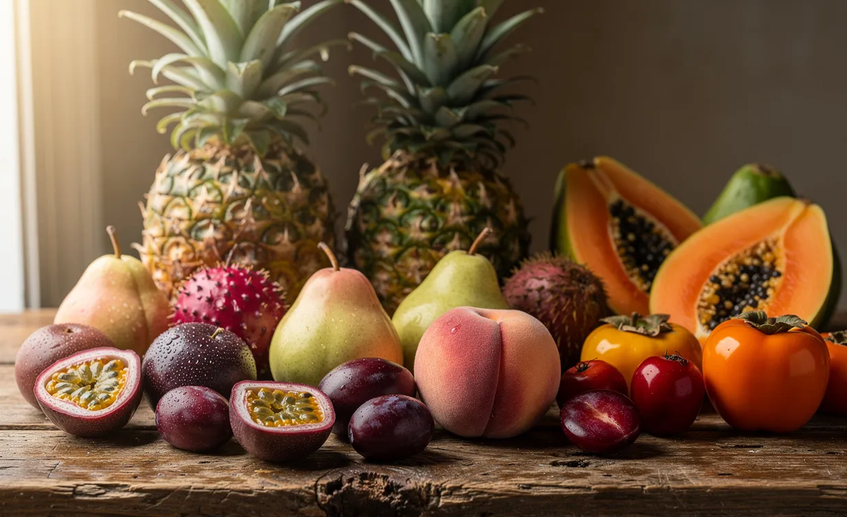 Arrangement de fruits commençant par la lettre P, comme ananas, fruits de la passion et prunes, sur une table en bois, avec des variétés exotiques et des couleurs vives sous une lumière du matin.