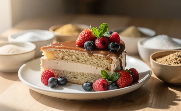 Une part de gâteau sans sucre garnie de fruits rouges et de menthe repose sur une assiette blanche, entourée de petits bols de stévia et d'érythritol sous une lumière douce.