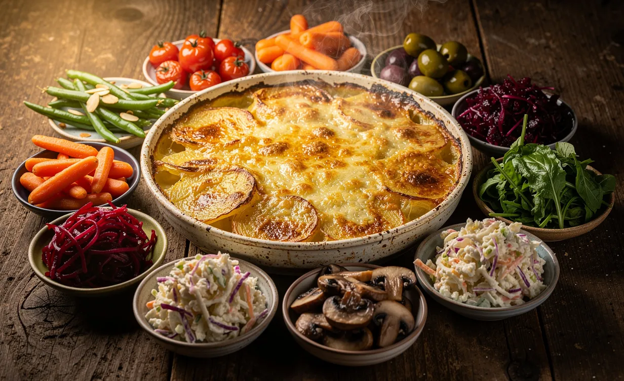 Gratin dauphinois doré entouré de neuf petits plats d’accompagnements colorés, disposés sur une table en bois sous une lumière tamisée.
