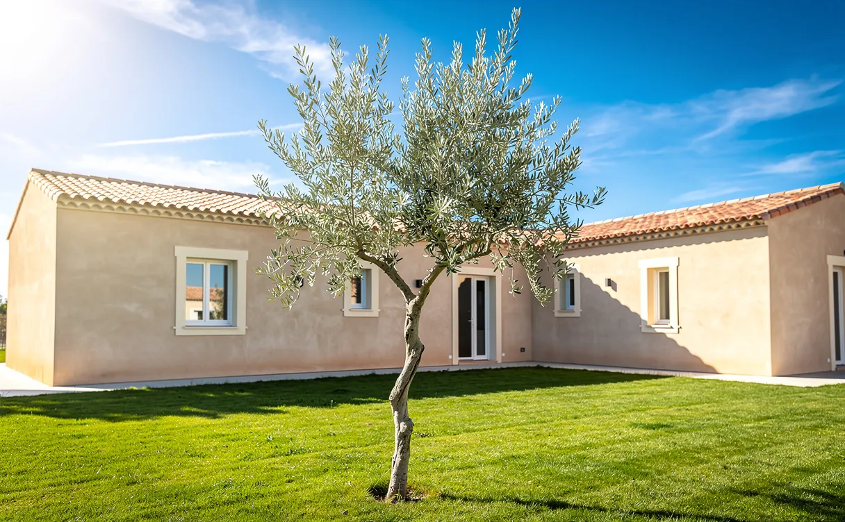 Un jeune olivier se dresse près d’une maison méditerranéenne sous un ciel bleu, projetant une ombre sur une pelouse taillée.