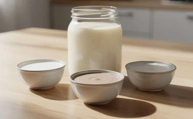 Un bocal en verre rempli de lait concentré crémeux est posé sur une table en bois clair, entouré de petits bols de lait de coco, d’amande et d’avoine.