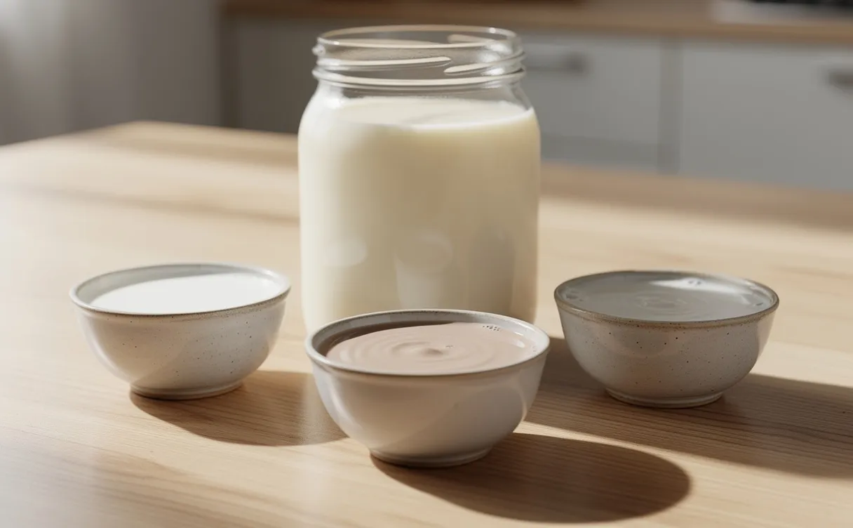 Un bocal en verre rempli de lait concentré crémeux est posé sur une table en bois clair, entouré de petits bols de lait de coco, d’amande et d’avoine.
