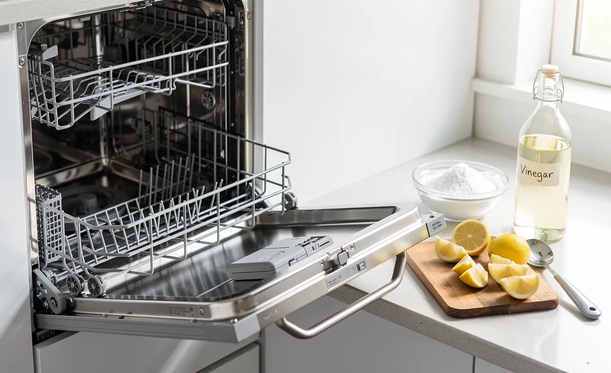 Lave-vaisselle ouvert sans capsule, avec bicarbonate, vinaigre et quartiers de citron posés sur le plan de travail dans une cuisine lumineuse.