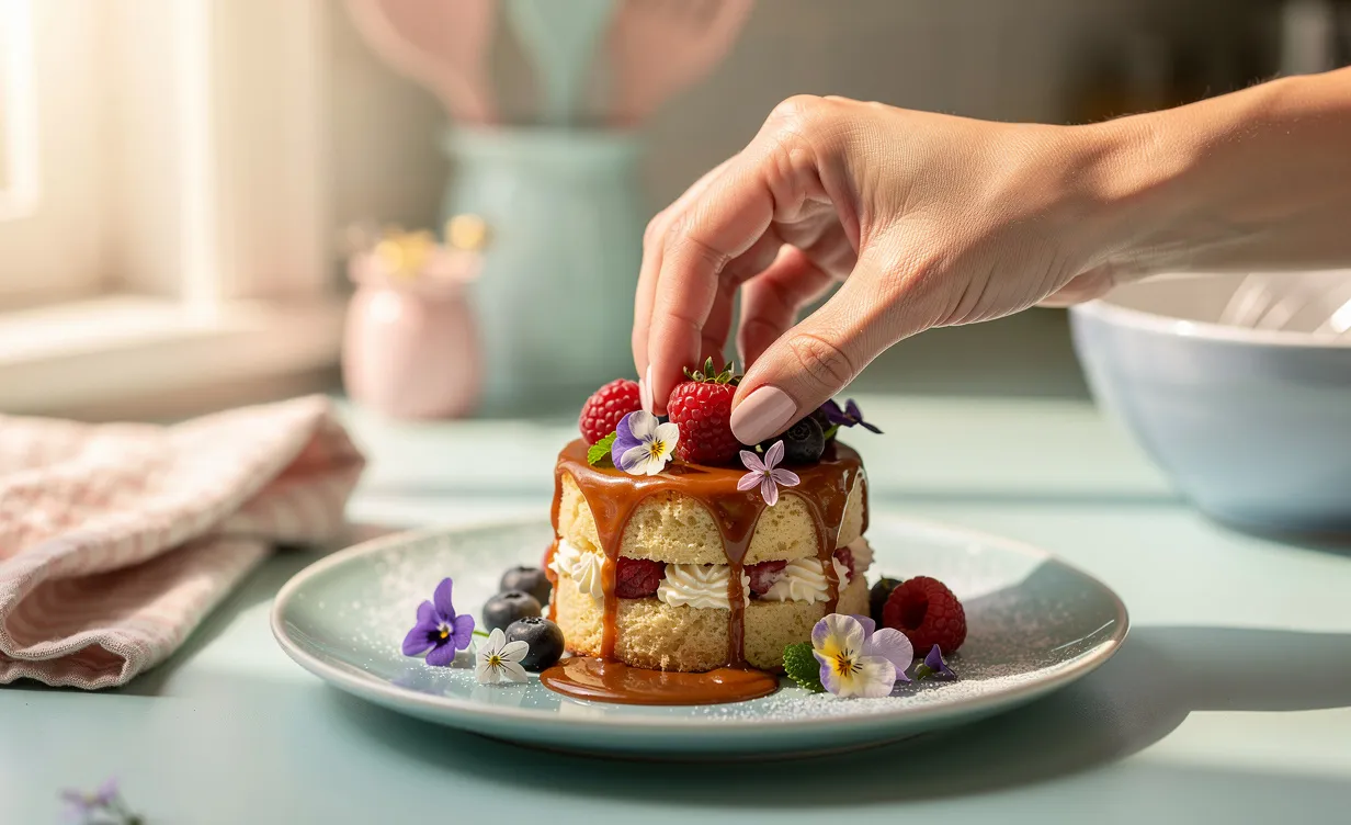 Les mains d’une femme décorent un dessert sur un comptoir de cuisine aux tons pastel éclairé par une lumière naturelle douce.