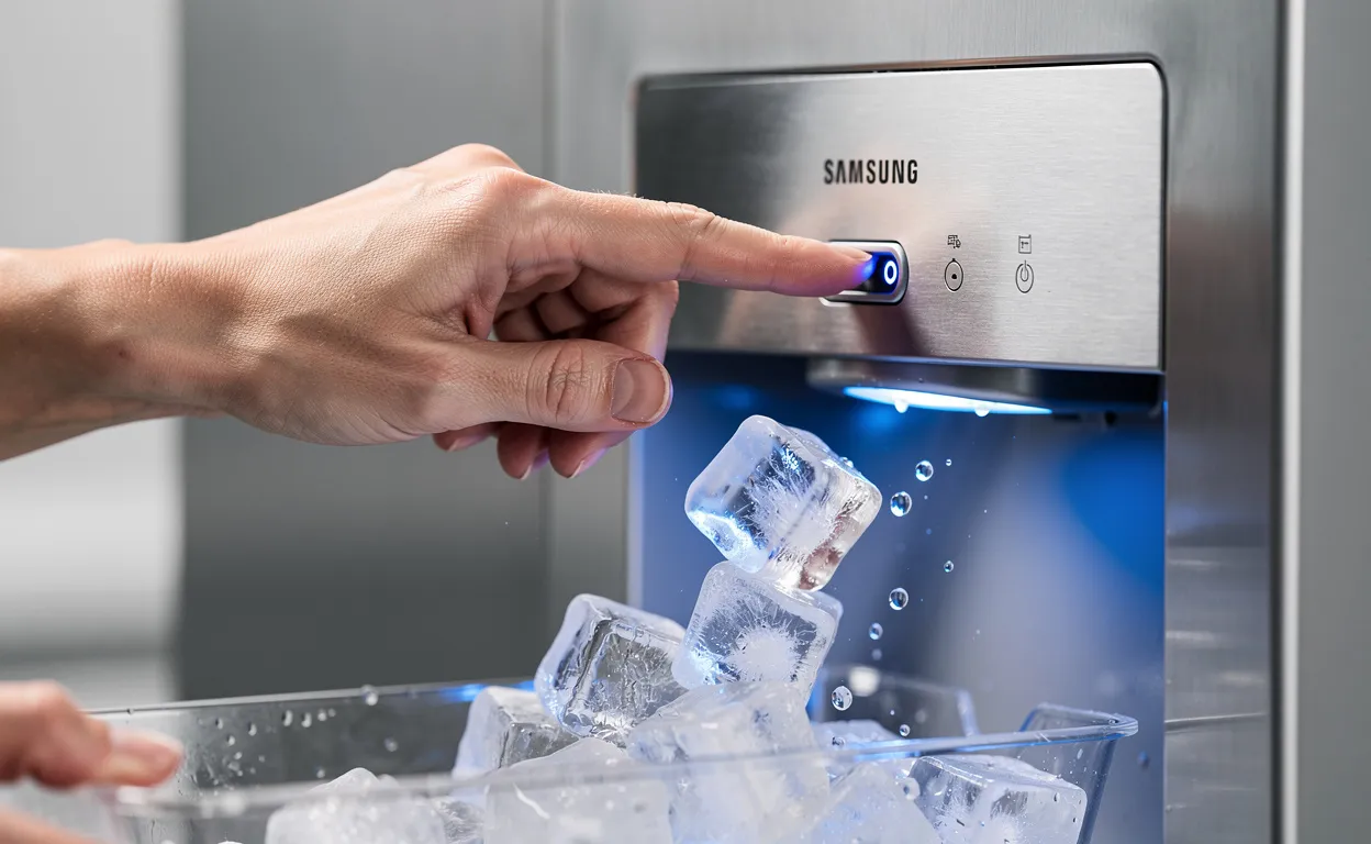 Une main appuie sur le bouton de réinitialisation d’un distributeur de glaçons Samsung tandis que des glaçons tombent dans un bac sous une lumière bleutée.