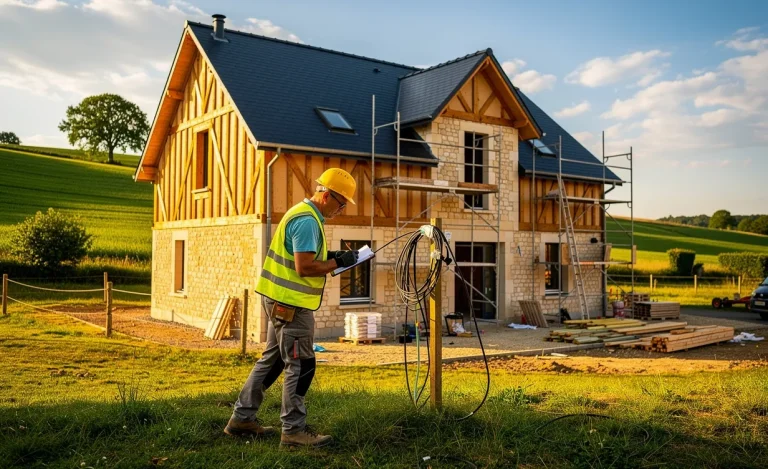 Un ouvrier en casque inspecte un chantier de maison normande moderne entouré de campagne verdoyante sous un ciel bleu.