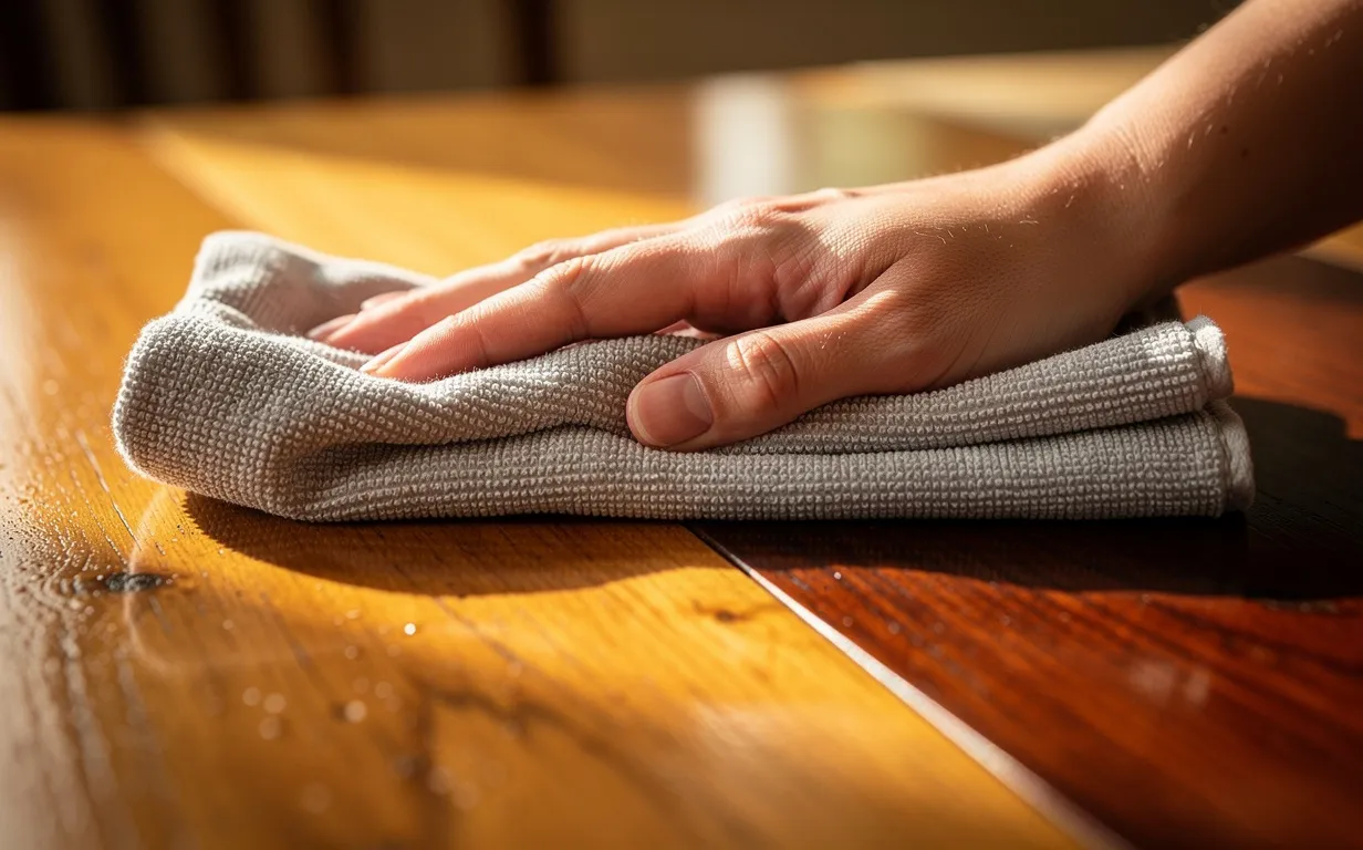 Une main nettoie doucement une table en bois tachée avec un chiffon doux sous une lumière naturelle, mettant en valeur différents effets de finition du bois.