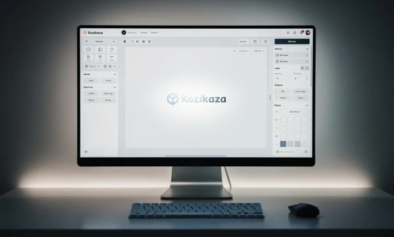 Un écran d’ordinateur affiche un espace de travail numérique moderne, où le logo Kozikaza disparaît devant une interface de nouvelle plateforme de design, avec un éclairage d’ambiance et des couleurs sobres.