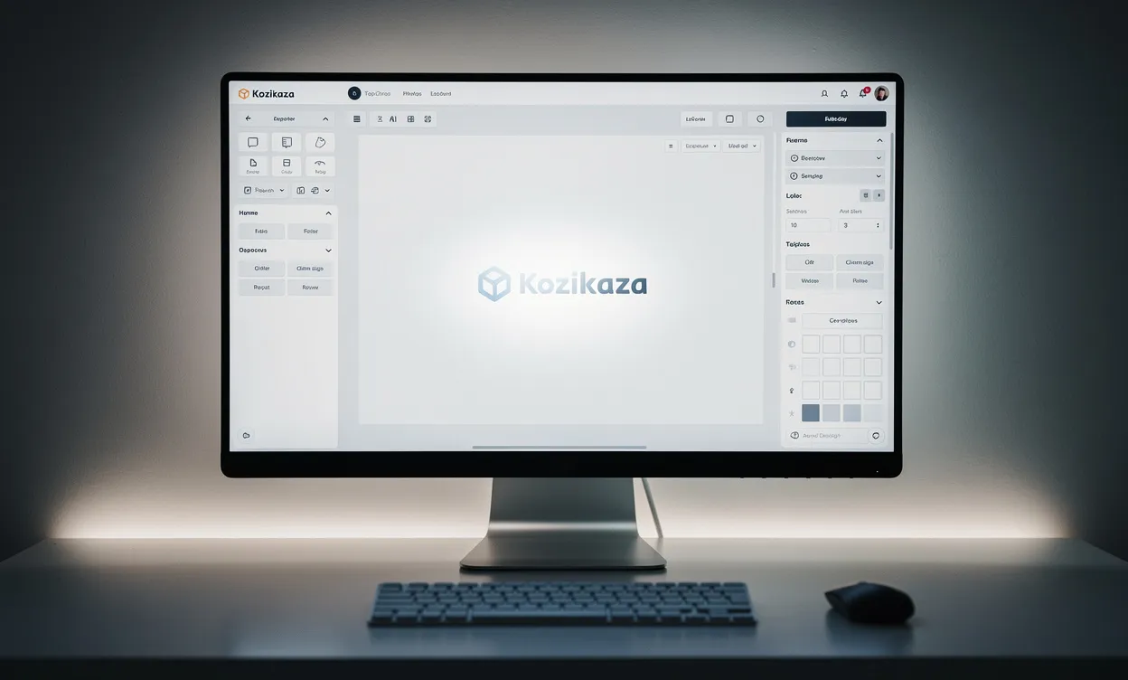 Un écran d’ordinateur affiche un espace de travail numérique moderne, où le logo Kozikaza disparaît devant une interface de nouvelle plateforme de design, avec un éclairage d’ambiance et des couleurs sobres.