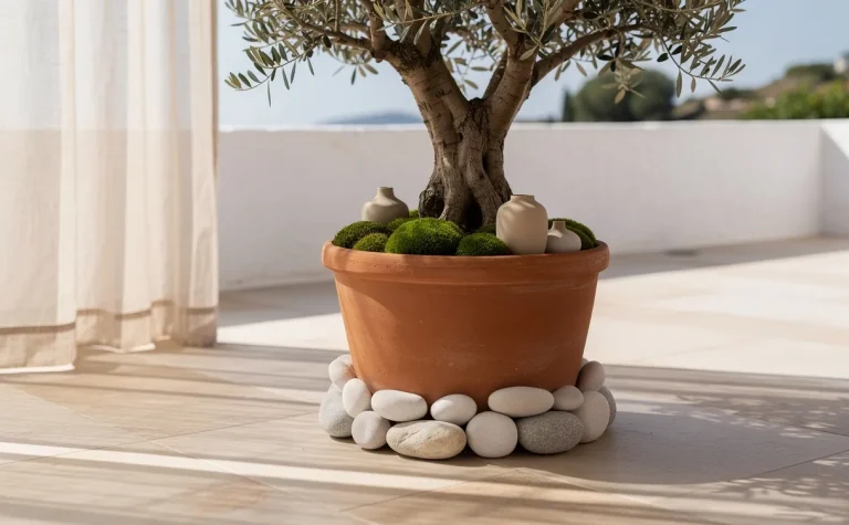 Un olivier en pot est posé sur une terrasse, entouré de pierres décoratives, de mousse verte et de céramiques sous une lumière douce.