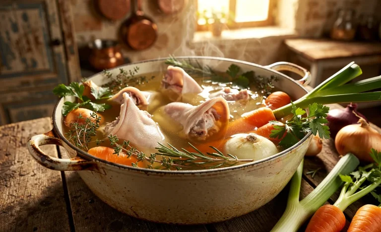 Des oreilles de porc mijotent dans un bouillon clair avec des herbes et des légumes sur un plan de cuisine rustique.