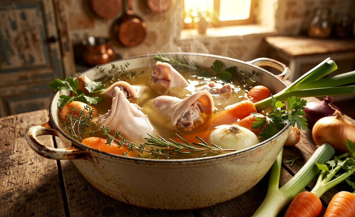 Des oreilles de porc mijotent dans un bouillon clair avec des herbes et des légumes sur un plan de cuisine rustique.