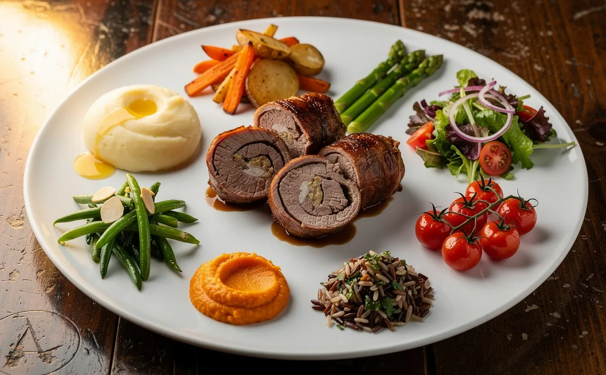 Assiette de paupiettes de veau accompagnées de huit garnitures variées, servie sur une table en bois rustique sous un éclairage chaleureux.