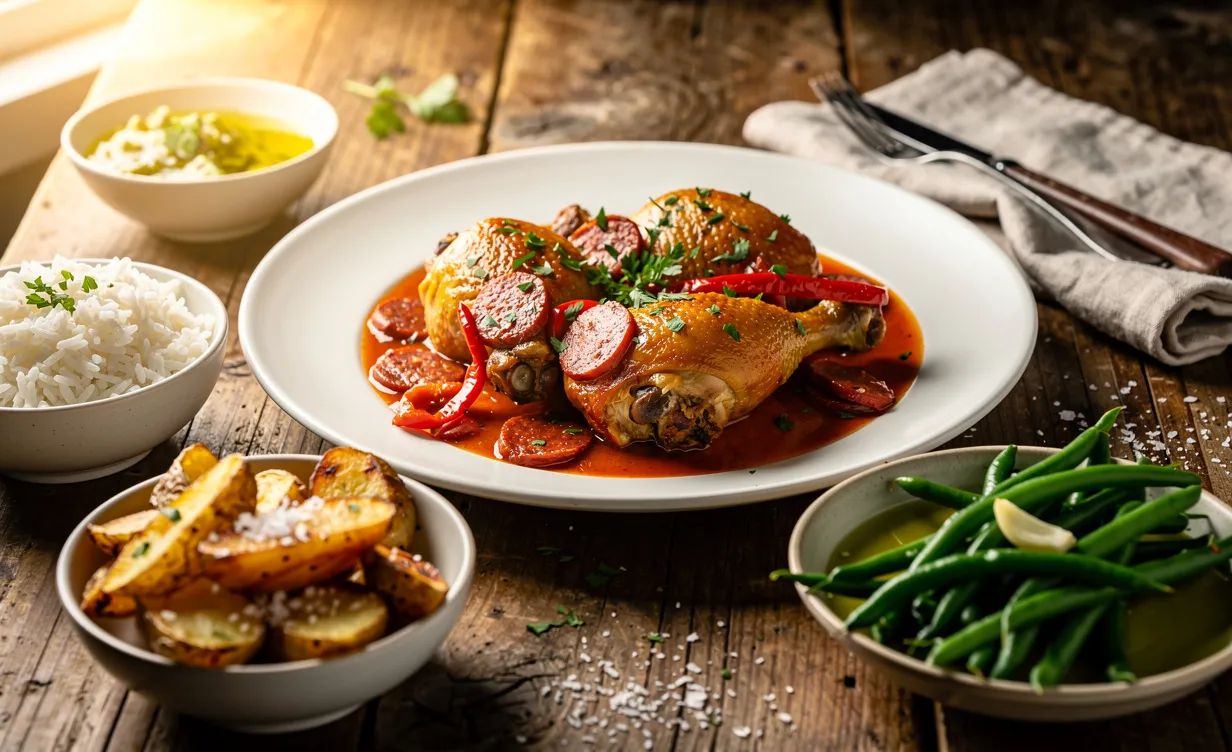 Assiette de poulet basquaise dressée avec soin, entourée de riz, pommes de terre rôties et haricots verts sur une table rustique en bois.