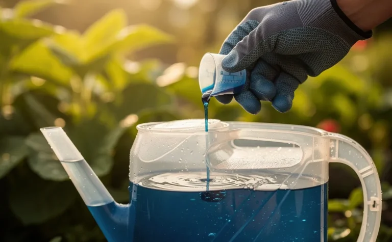 Un jardinier mesure avec précaution de la bouillie bordelaise bleue dans un arrosoir transparent rempli d’eau, sous la lumière matinale filtrée par des feuilles.