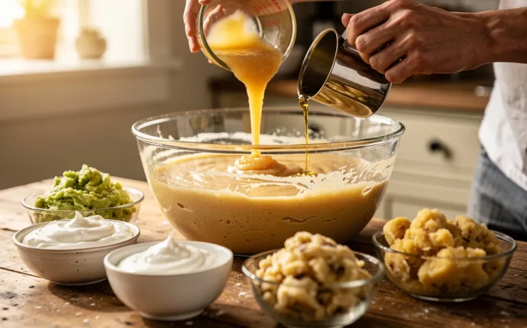 Des mains de boulanger versent de la compote de pommes et de l’huile de noix dans une pâte à gâteau sur un plan de travail en bois entouré de bols contenant avocat, yaourt et bananes écrasées.