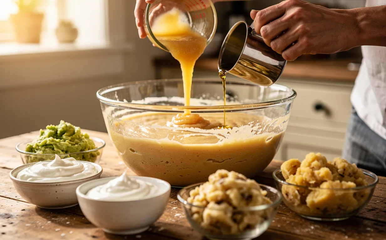 Des mains de boulanger versent de la compote de pommes et de l’huile de noix dans une pâte à gâteau sur un plan de travail en bois entouré de bols contenant avocat, yaourt et bananes écrasées.