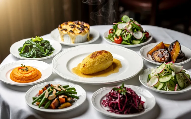Une quenelle lyonnaise dorée accompagnée de neuf garnitures variées, présentée sur une assiette élégante dans une ambiance chaleureuse.