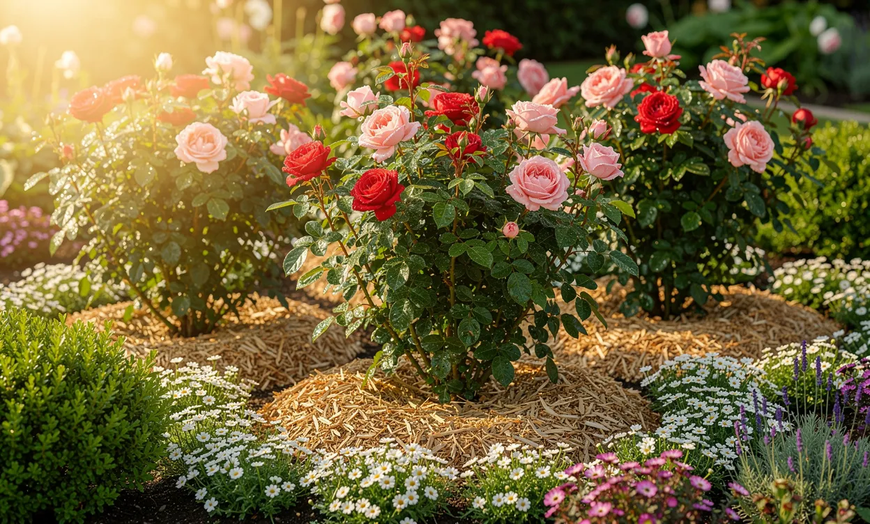 Rosiers en bonne santé paillés de copeaux de bois et entourés de petites fleurs et de verdure dans un jardin ensoleillé sans mauvaises herbes.