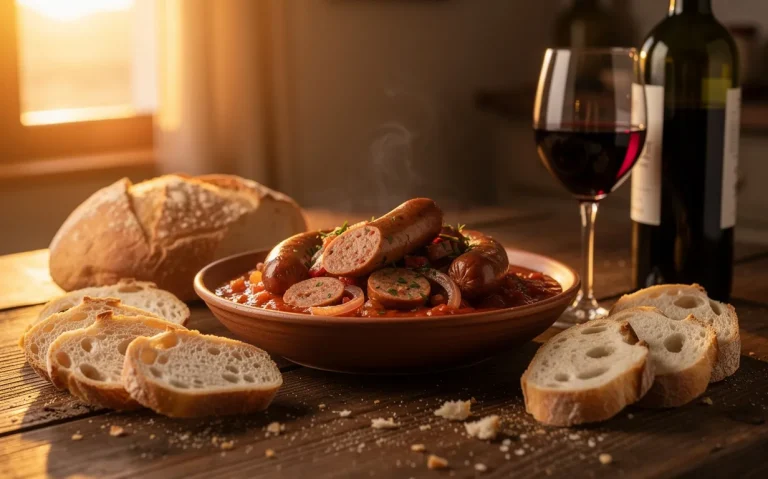 Un plat fumant de rougail saucisse trône sur une table en bois rustique, entouré de tranches de pain et d’un verre de vin rouge baigné d’une lumière de coucher de soleil.