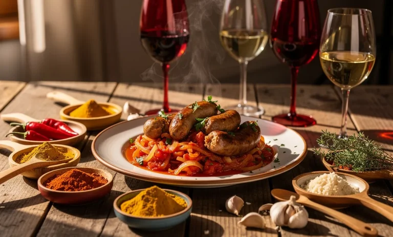 Un plat de rougail saucisse fumant repose sur une table en bois rustique, entouré d’épices réunionnaises et de verres de vin, sous une lumière douce du soir.