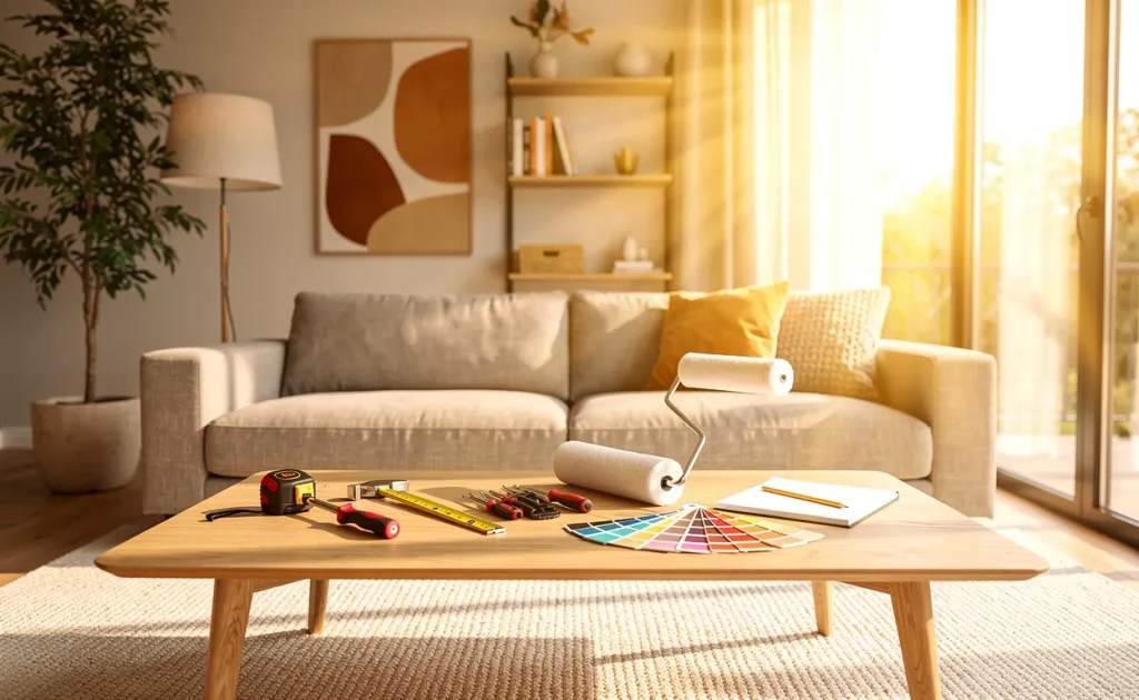 Salon moderne et accueillant avec des outils de rénovation posés sur une table basse, baigné par la lumière du soleil.