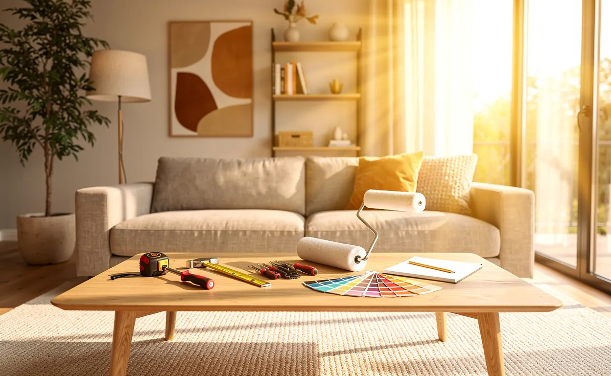 Salon moderne et accueillant avec des outils de rénovation posés sur une table basse, baigné par la lumière du soleil.