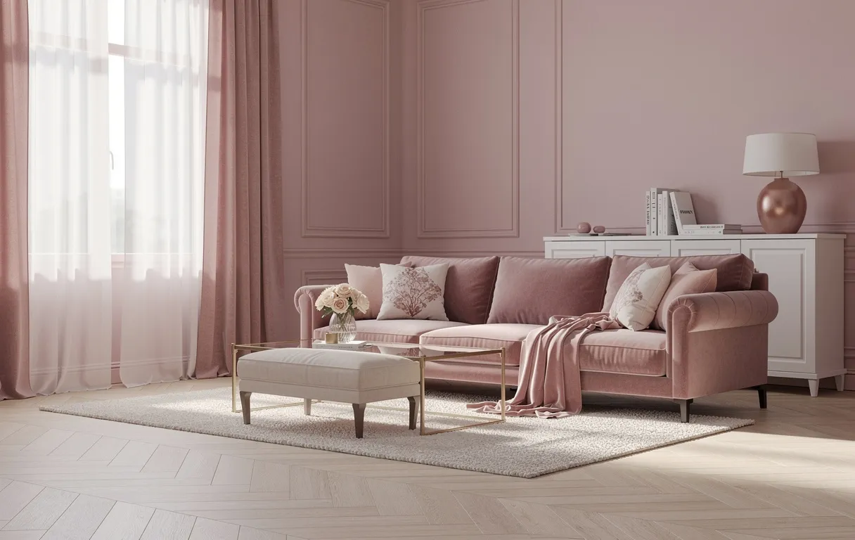 Salon calme aux tons rose poudré avec des meubles moelleux, des tissus délicats et une lumière naturelle traversant de grandes fenêtres.