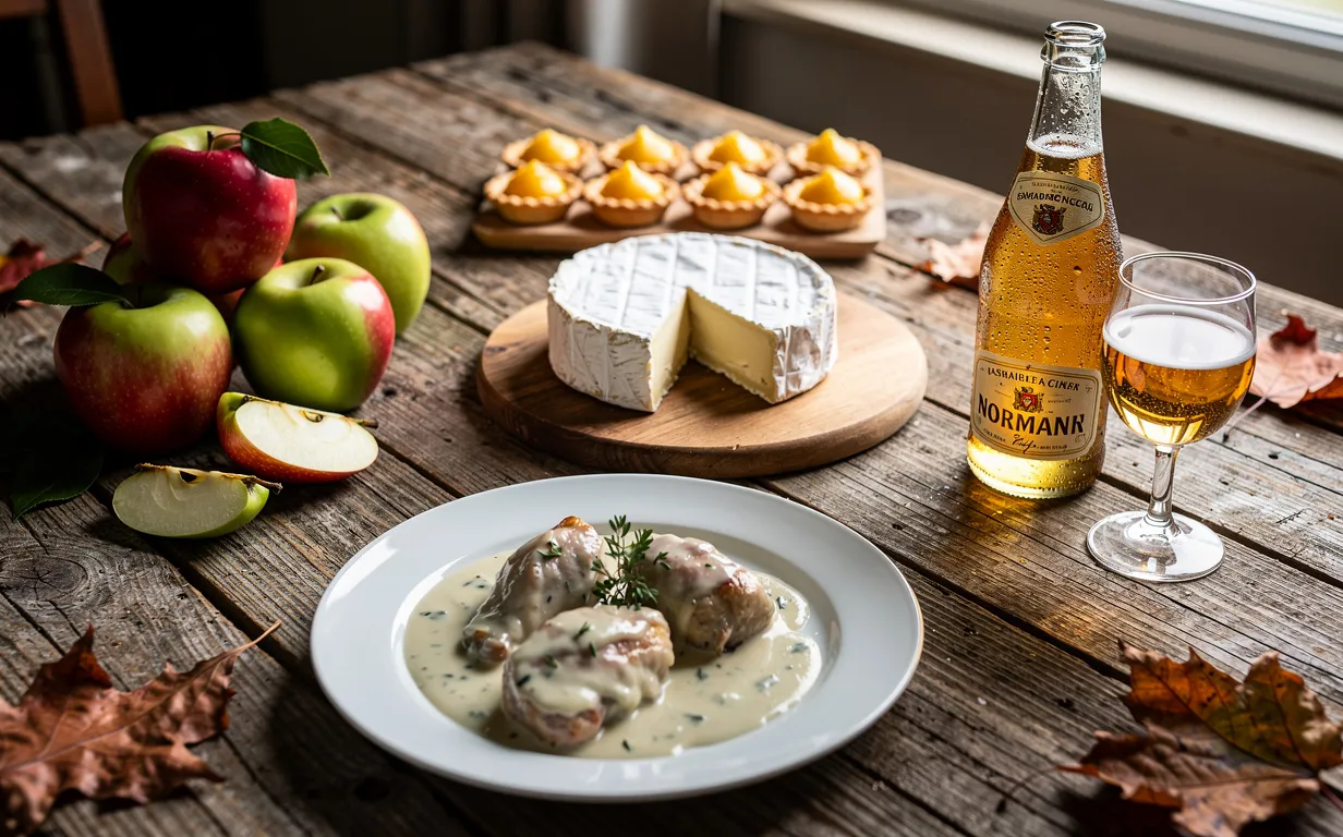 Table rustique en bois présentant cinq plats normands typiques : camembert, pommes, cidre, poulet à la crème et tartelettes au beurre, sous une lumière naturelle automnale.