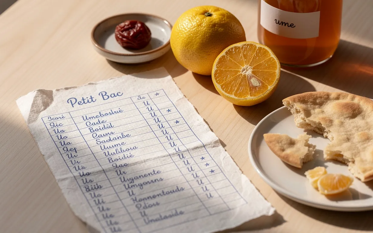 Feuille de score manuscrite du Petit Bac entourée d'aliments commençant par U, comme umeboshi, ugli, et pain azyme, sur une table éclairée par la lumière du matin.