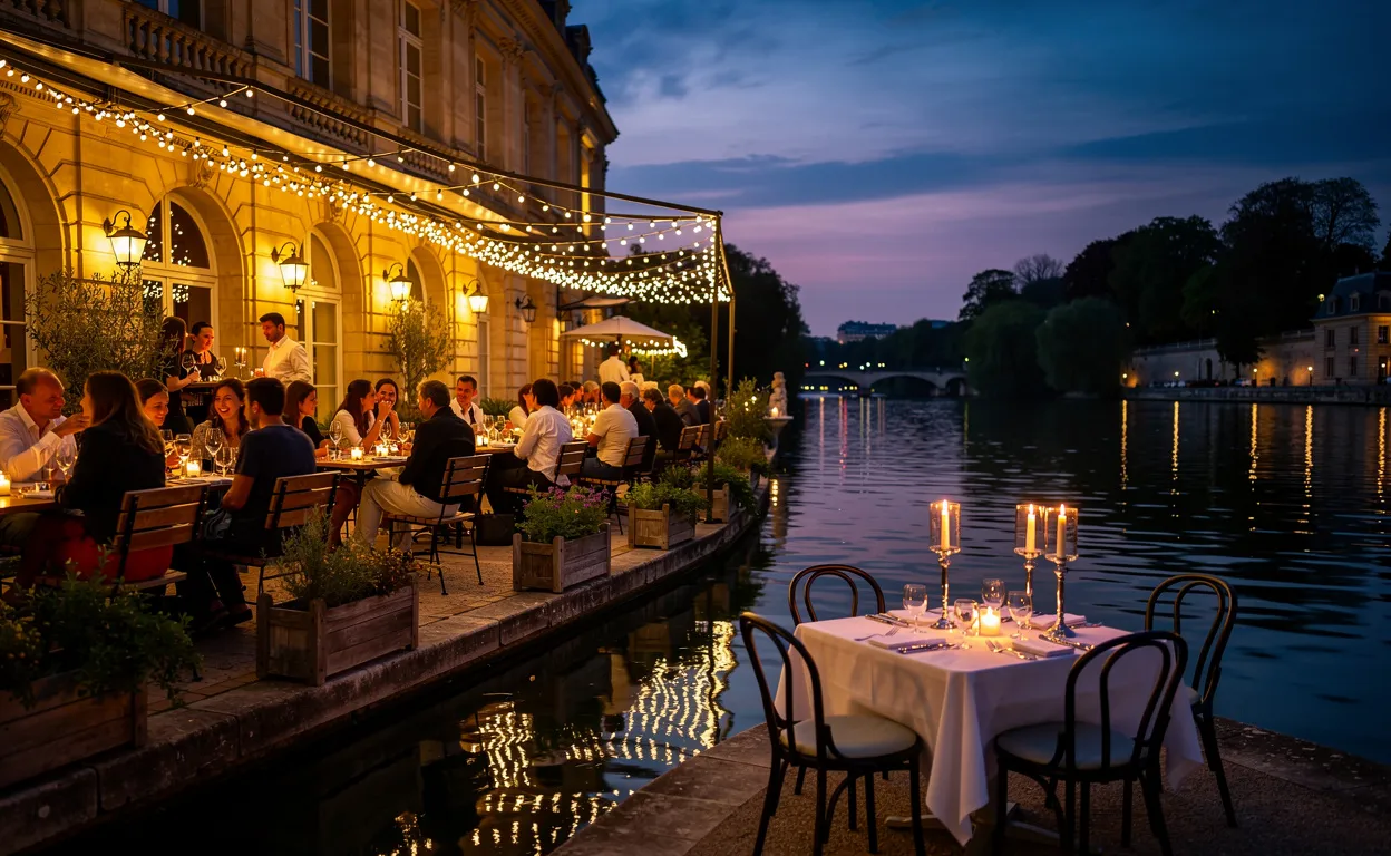 Deux terrasses au bord de l’eau à Versailles, l’une animée sous des guirlandes lumineuses, l’autre paisible avec des tables éclairées à la bougie et leurs reflets dans le crépuscule.