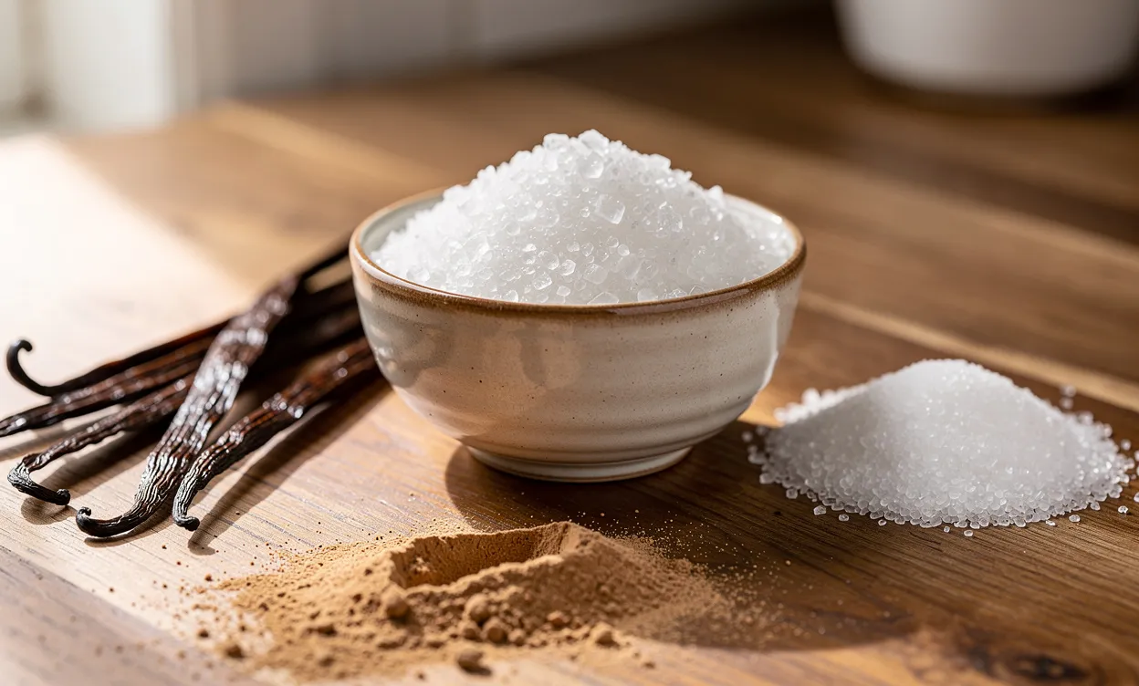 Un petit bol rempli de sucre à la vanille maison entouré de gousses de vanille, de sucre en poudre et d’une pincée de cannelle sur un comptoir en bois éclairé par la lumière du jour.