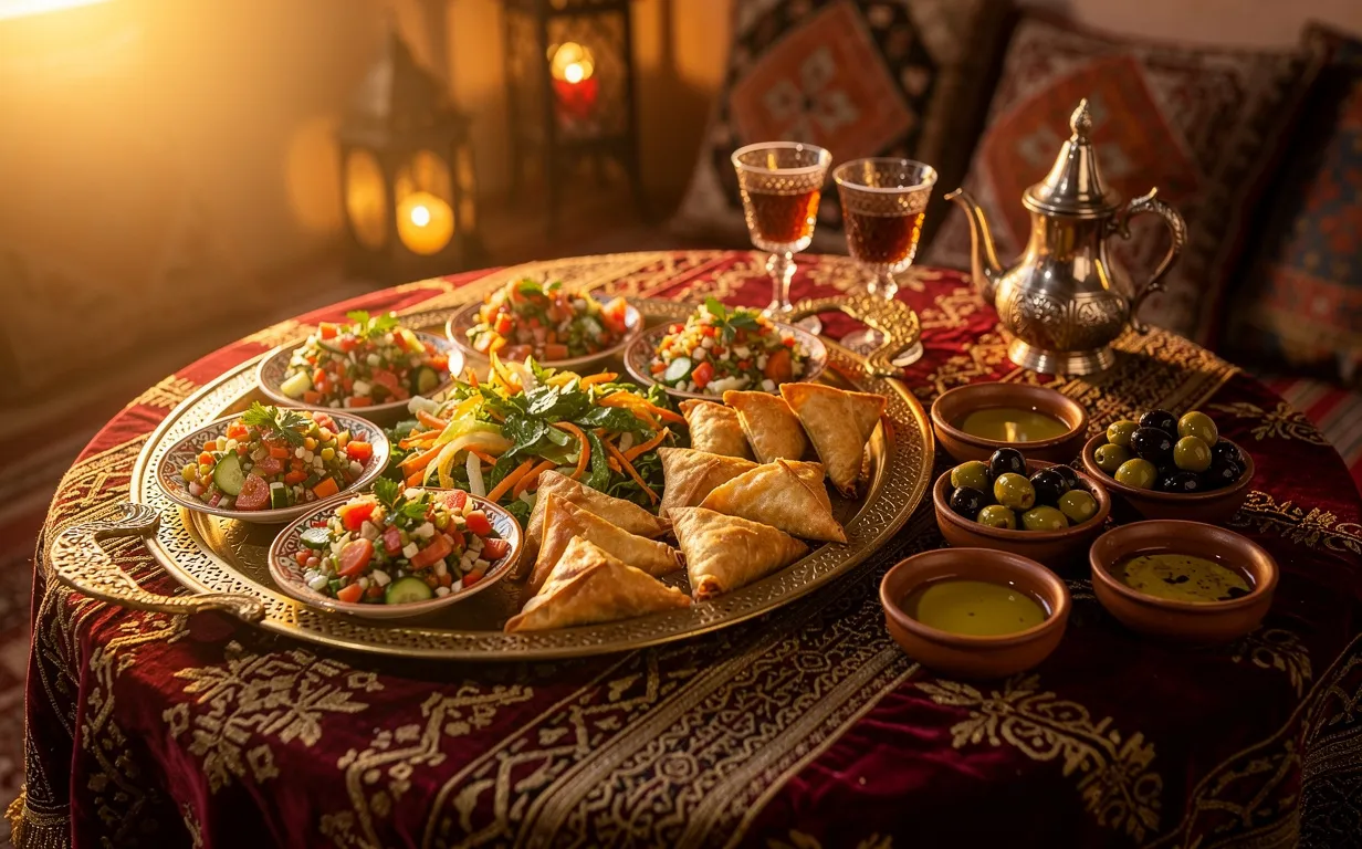Table marocaine élégante dressée avec des entrées variées, telles que salades colorées, briouats et olives, sous une lumière dorée du soir.