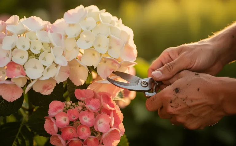 Un jardinier taille délicatement une hydrangea Vanilla Strawberry en fleurs blanches et roses sous une lumière dorée.