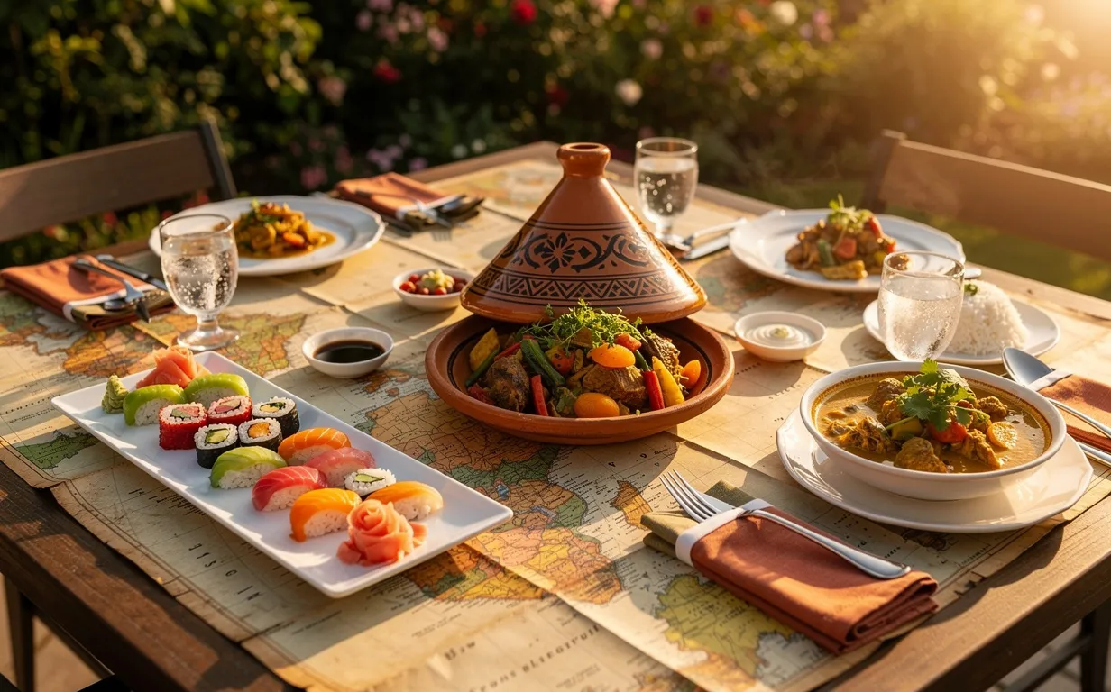 Une table dressée en plein air présente des plats variés comme sushi, tajine et curry sur une nappe illustrant une carte du monde, éclairée par la lumière dorée du soir.