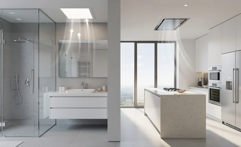 Salle de bain et cuisine modernes éclairées par la lumière naturelle, avec ventilation au plafond et air circulant.
