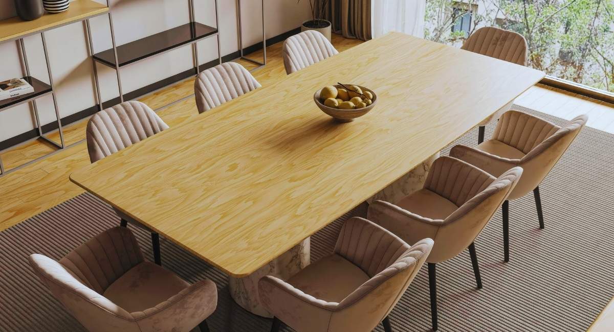 Salle à manger contemporaine moderne avec grande table en bois clair