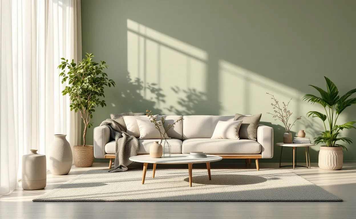 Salon paisible avec des murs vert sauge, du mobilier minimaliste et des plantes tombantes baigné de lumière matinale.