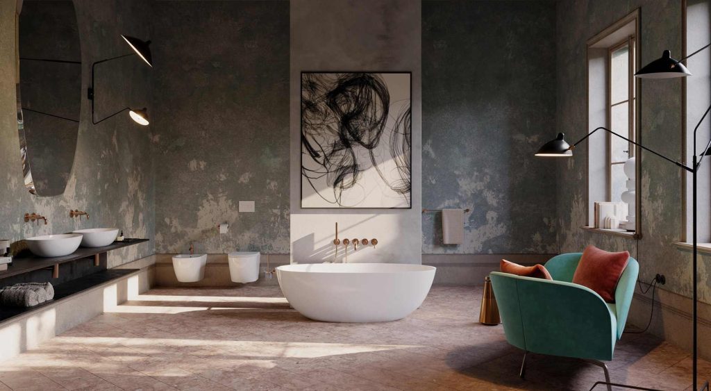 Salle de bain design aux murs en béton ciré vert avec baignoire îlot blanche et fauteuil en velours