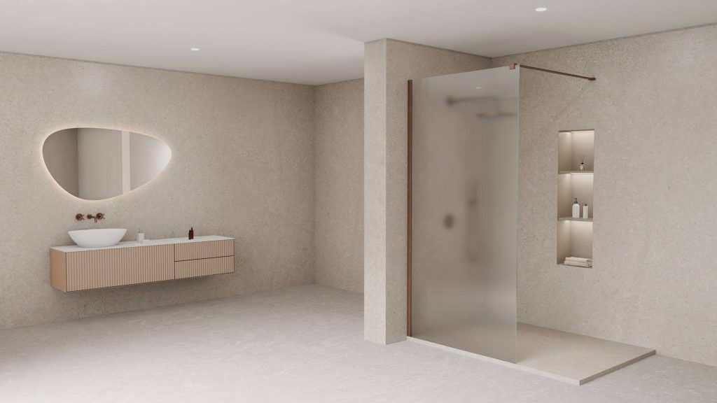 Salle de bain minimaliste aux tons beige avec meuble suspendu cannelé et douche à l'italienne