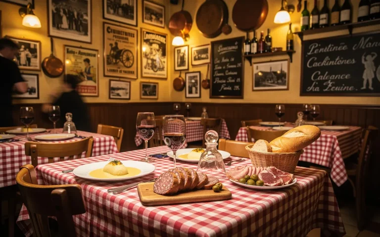 Intérieur d’un bouchon lyonnais avec des tables en bois couvertes de nappes à carreaux rouges et blancs, une décoration ancienne et des plats traditionnels français sous un éclairage chaleureux.