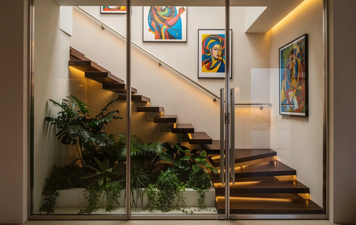 Un escalier fermé avec des portes vitrées, des marches en bois foncé, des plantes vertes et des œuvres d’art modernes sous une lumière dorée tamisée.