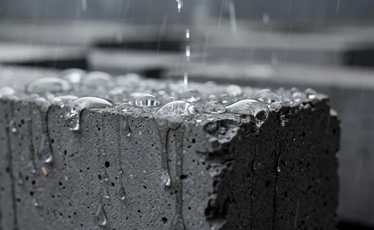 Gros plan sur des gouttes de pluie perlées sur des blocs de béton gris protégés par un revêtement hydrophobe sous un éclairage tamisé.