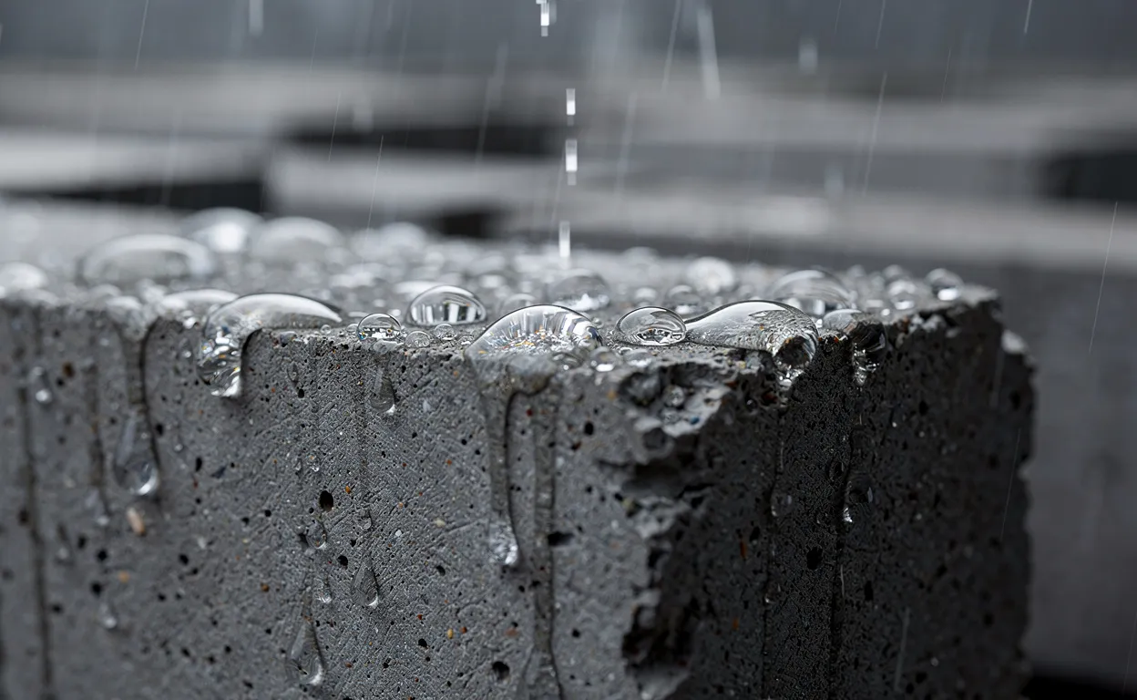 Gros plan sur des gouttes de pluie perlées sur des blocs de béton gris protégés par un revêtement hydrophobe sous un éclairage tamisé.