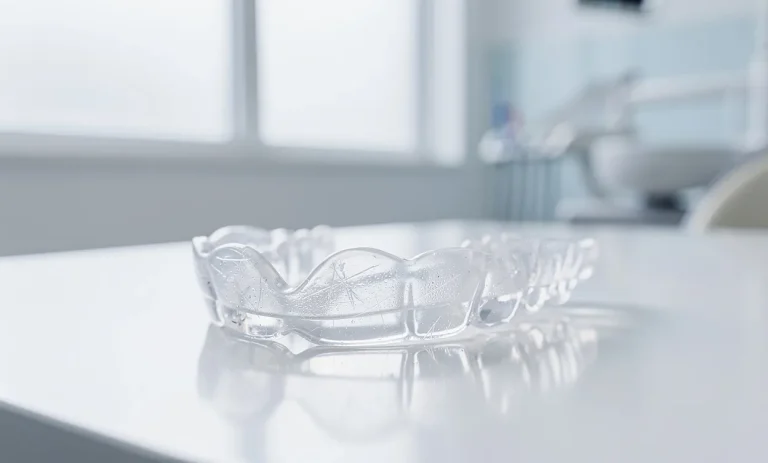 Un protège-dents transparent repose sur un comptoir clinique réfléchissant sous une lumière douce.