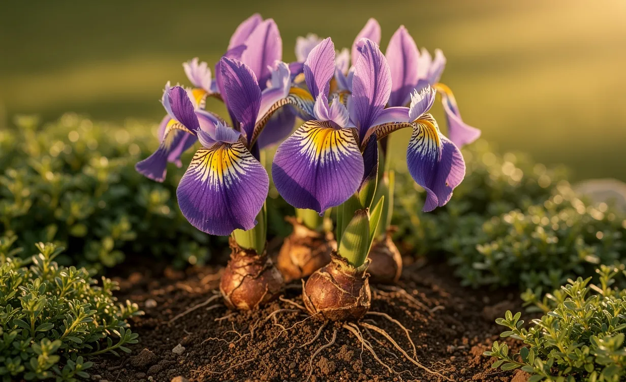 Des iris éclatants avec leurs rhizomes apparents reposent sur un sol couvert de verdure discrète sous une lumière naturelle.