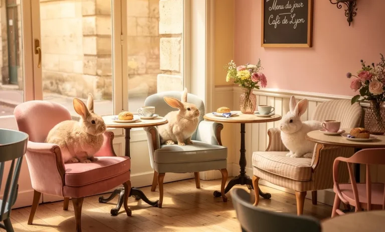 Un café lyonnais chaleureux au décor pastel avec des lapins angoras installés sur des tables et des fauteuils.